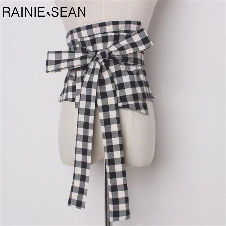 

RAINIE SEAN Wide Belts For Women Cotton Linen Cummerbund Black White Plaid Wrap Self-Tie Bow Vintage Ladies Accessories Belts