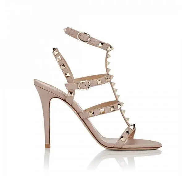 Gold Champagne Leather Rivets T bar Sandals Cut out Cross Straps Gladiator Sandals Thin Heels 