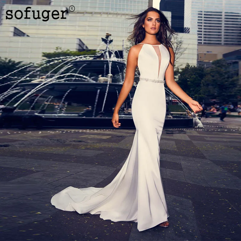 

Long Satin Sheath Weddding Dresses Beading Sash Backless Court Train Bridal Gown Wedding Vestidos de Noivas Custom