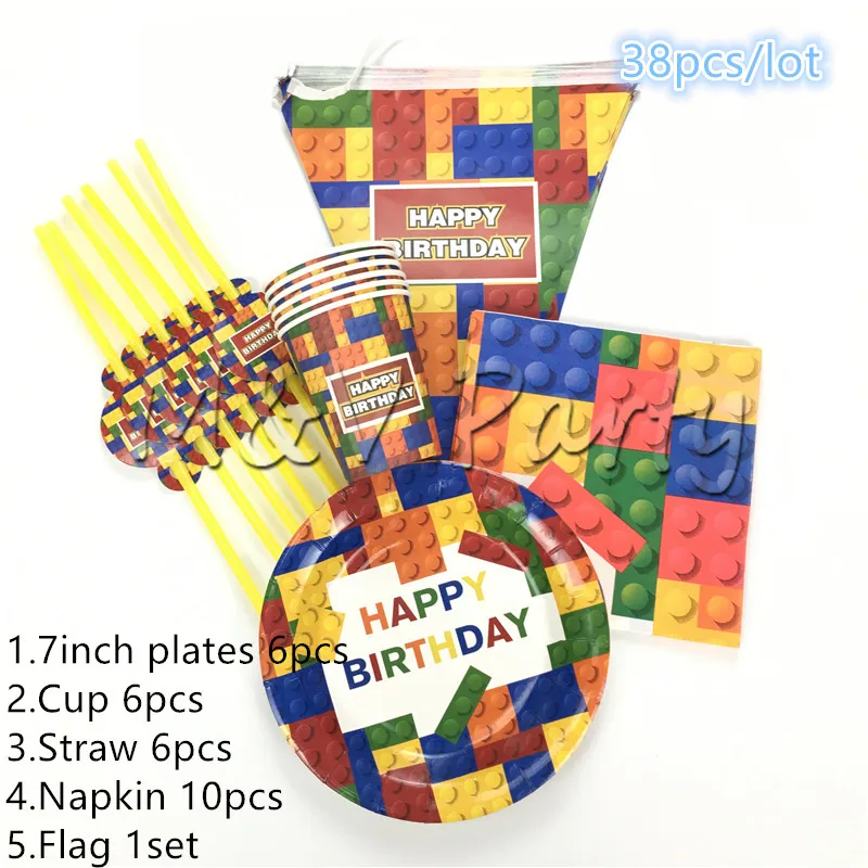 38pcs/lot Color Building Blocks Theme Party Happy Birthday Disposable Tableware Set Baby Shower Party Decoration Supplies - Цвет: 38pcs