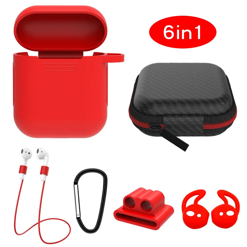 6 pcs In 1 Sets Silicone Protective Accessories Kits for Airpods 1 2 Case Ring Strap Hook Winder Holder Box Set Earpods Cover