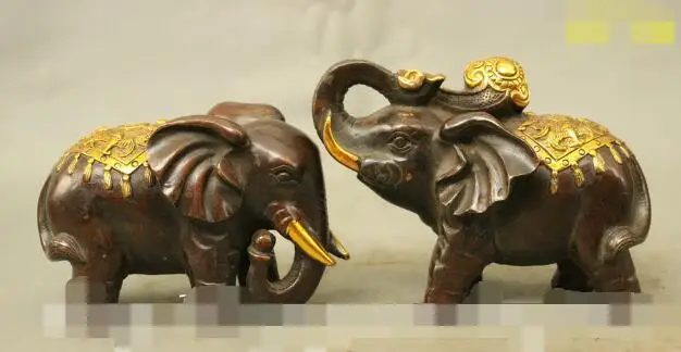 

S01141 7" Collect China FengShui Bronze Gilt Wealth Elephant RuYi Statue Sculpture Pair B0403