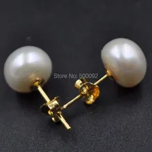 Тонкой натуральной 8,5-9 мм белый Кнопка культивированный жемчуг коты серьги серебро 925