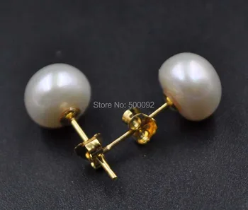 

Fine genuine 8.5-9mm white button cultured pearl studs earring silver 925