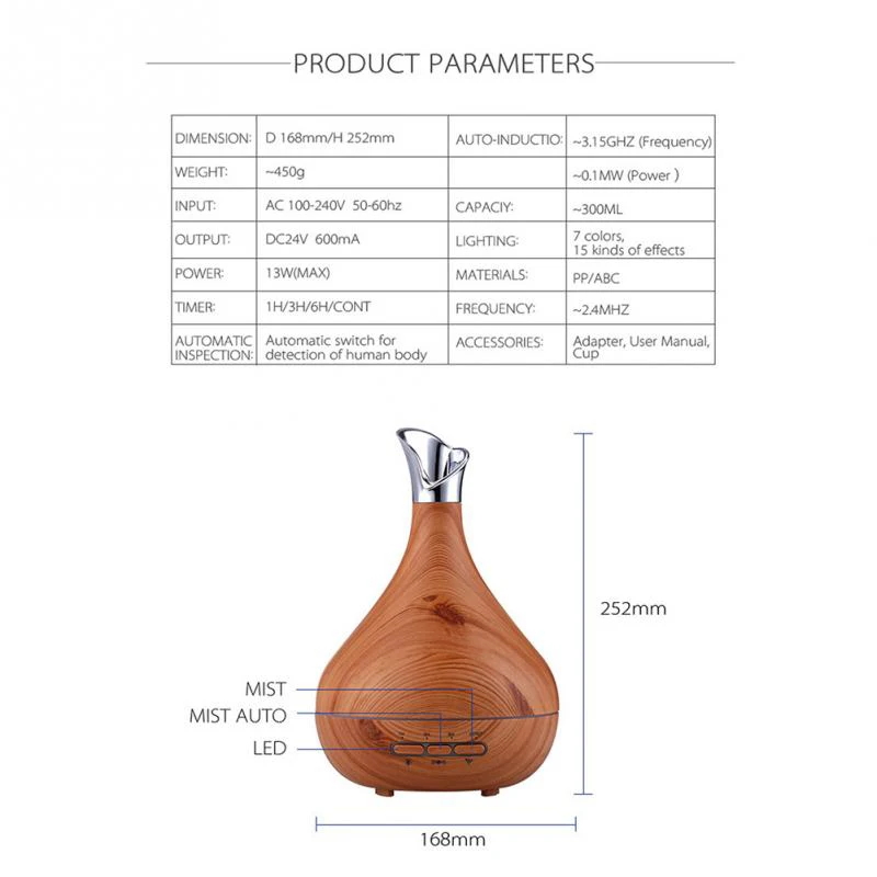 

High Quality 300ML EU Plug Electric Humidifier Essential Oil Diffuser Aroma Lamp Aromatherapy Intelligent induction Aroma