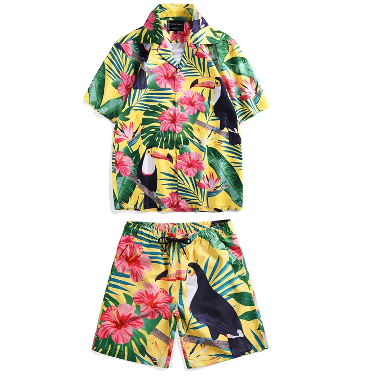 Mr.1991IN Summer Vacation Sets Men's Toucan Printed Tropical style Beach Hawaiian suit Short Shirts Shorts Two Piece Suit Men