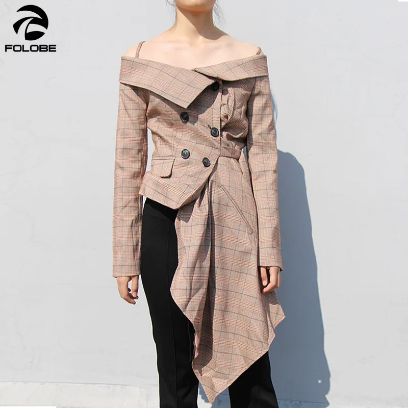 

FOLOBE Khaki Plaid Blazer Tops Female Irrgular Patchwork Slash Neck Long Sleeve Lace up Women Jacket Coat Fashion 2019 Spring