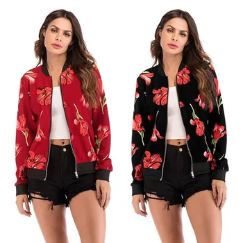

2018 Spring Autumn Women Basic Coat Ladies Floral Striped Zipper Up Bomber Jacket Casual Baseball Coat Outerwear Women Clothes