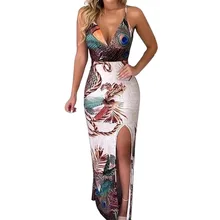 2019 Women summer dress Peacock Feather Print Thigh Slit Slip Dress Maxi Dress Party Summer dress girls peacock feather print bow dress