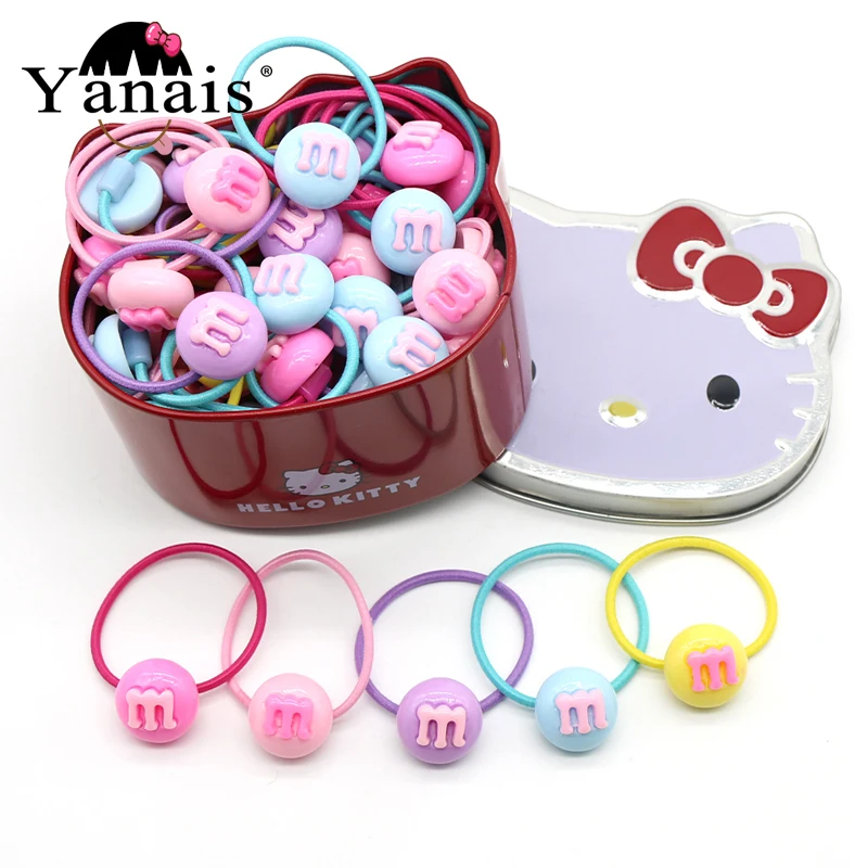 

50pc/set In Hello Kitty Box MM Beans Elastic Hair Rubber Band Children Headband Kids Hair Accessories Girl Hair Band Hair Gum