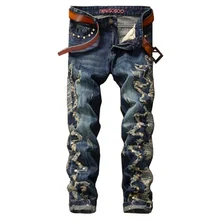 2016 Fashion Mens Ripped Jeans Distressed Patchwork Rivet Straight Denim Jeans P6032