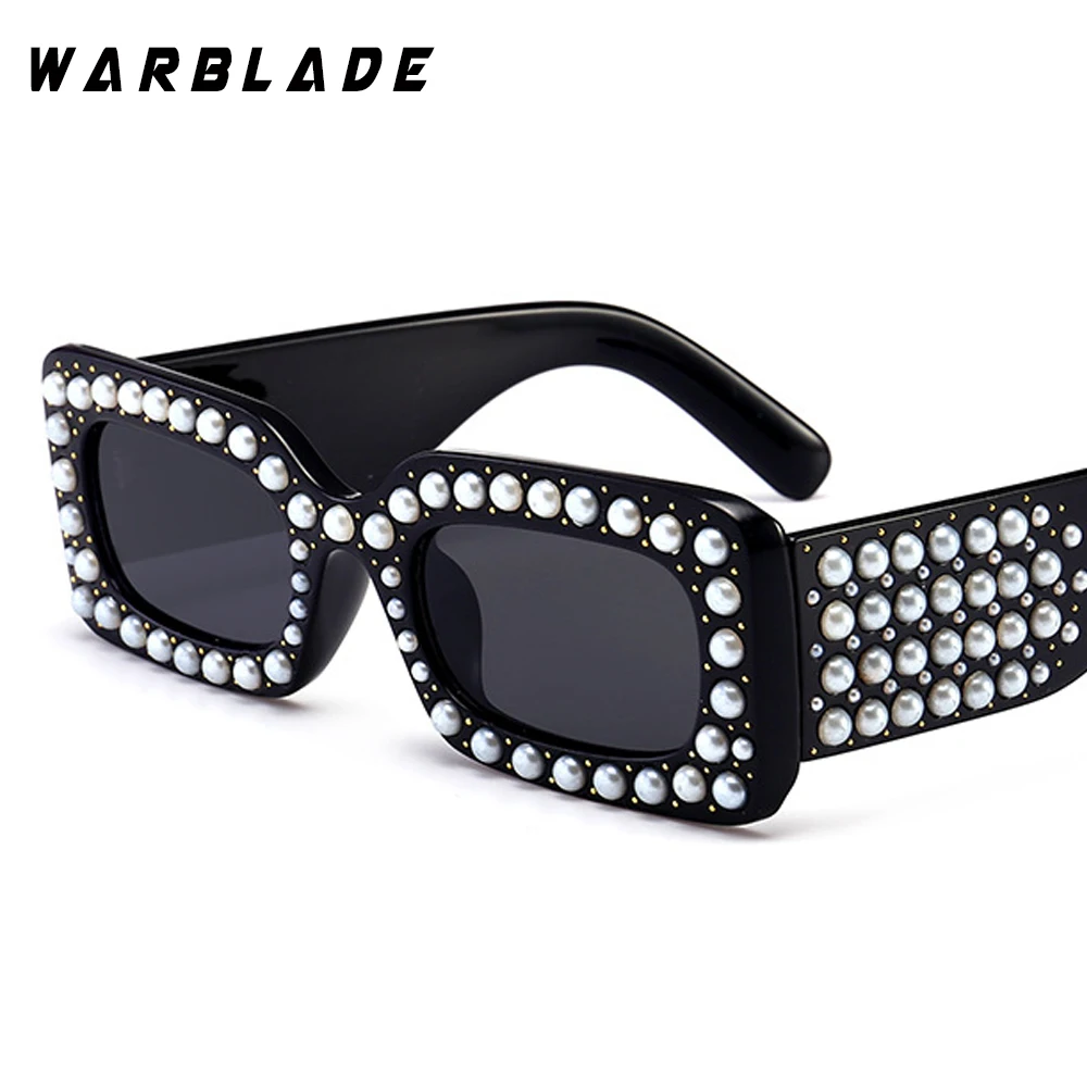 WarBLade модные женские туфли жемчуг прямоугольник бренд солнцезащитных очков Дизайн горный хрусталь Винтаж квадратные очки для женщин оттенков UV400 - Цвет линз: black grey