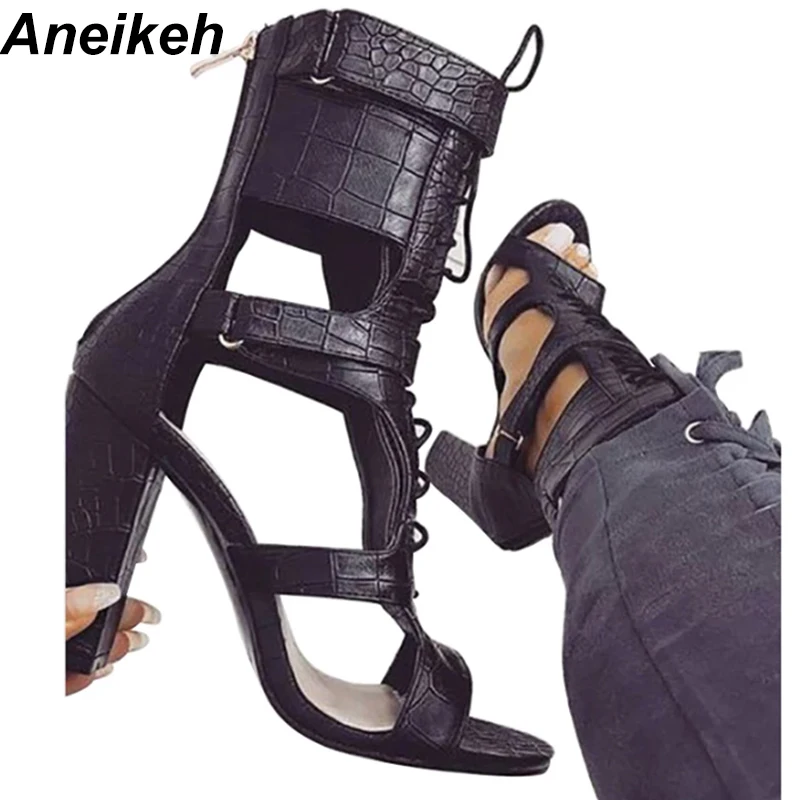 

Aneikeh 2018 Sexy PU Sandals Women Open Toe Sexy Lace Up Sandals High Heels Summer Ladies Cut Outs Thick Heel Pumps Shoes Black