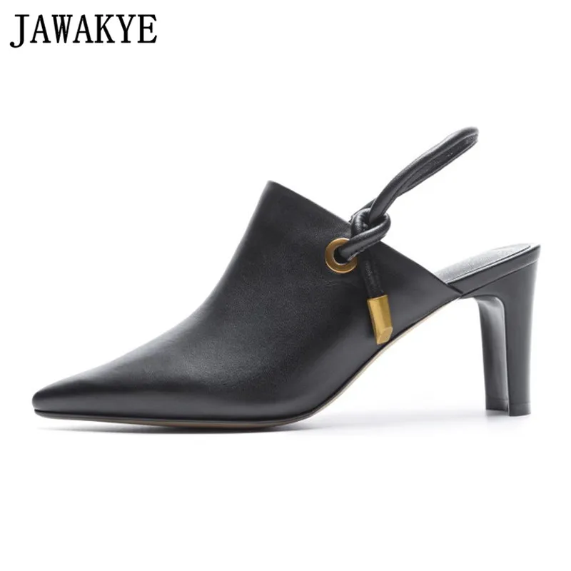 

Summer genuine leather Sandals women white black pointed toe Slippers gold metal decor 2018 newest beach shoes for ladies