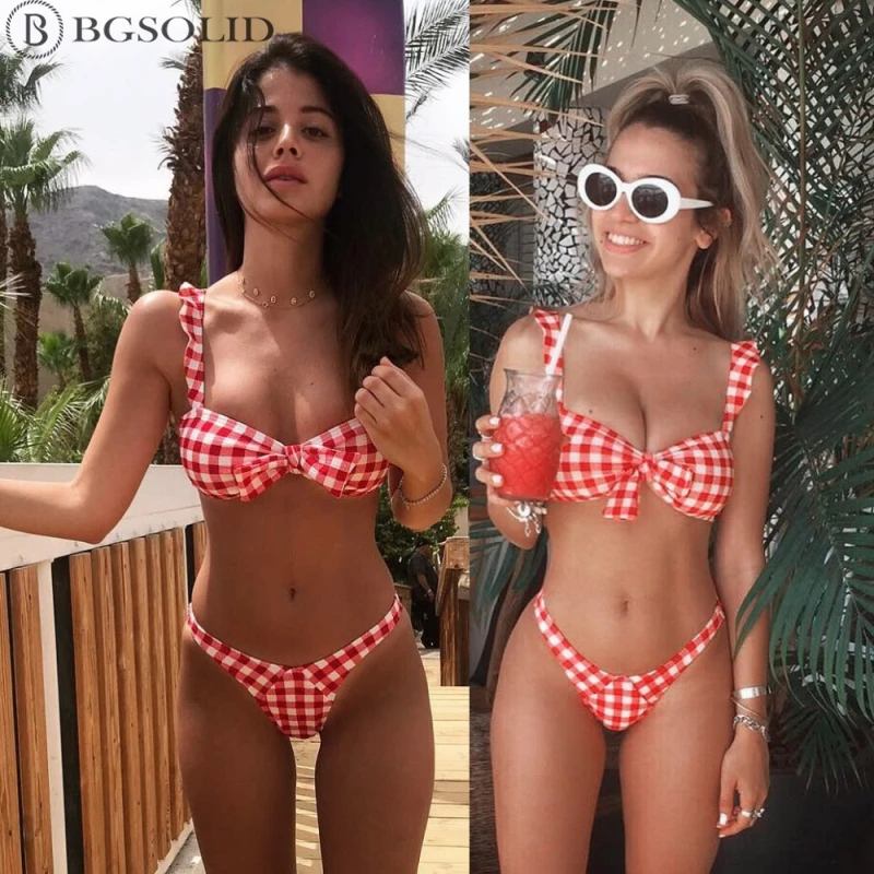 

2019 New bikini hot style check bow split swimsuit lady stripes