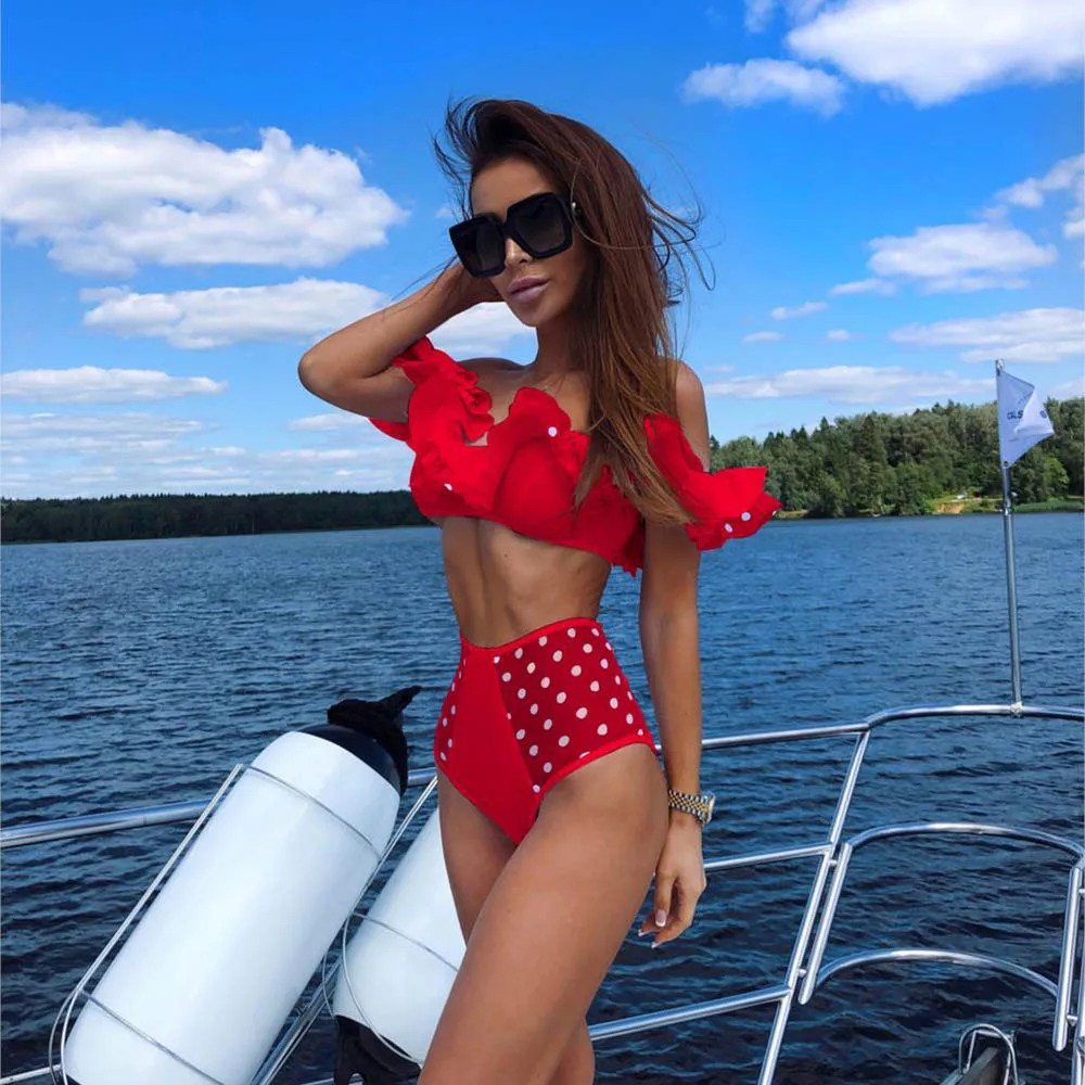 

2019 new Women Sexy Dot Printed Bikini Set Ruffle Lace Swimsuit Beachwear Sexy Women's Swimsuits Bather female Swimwears