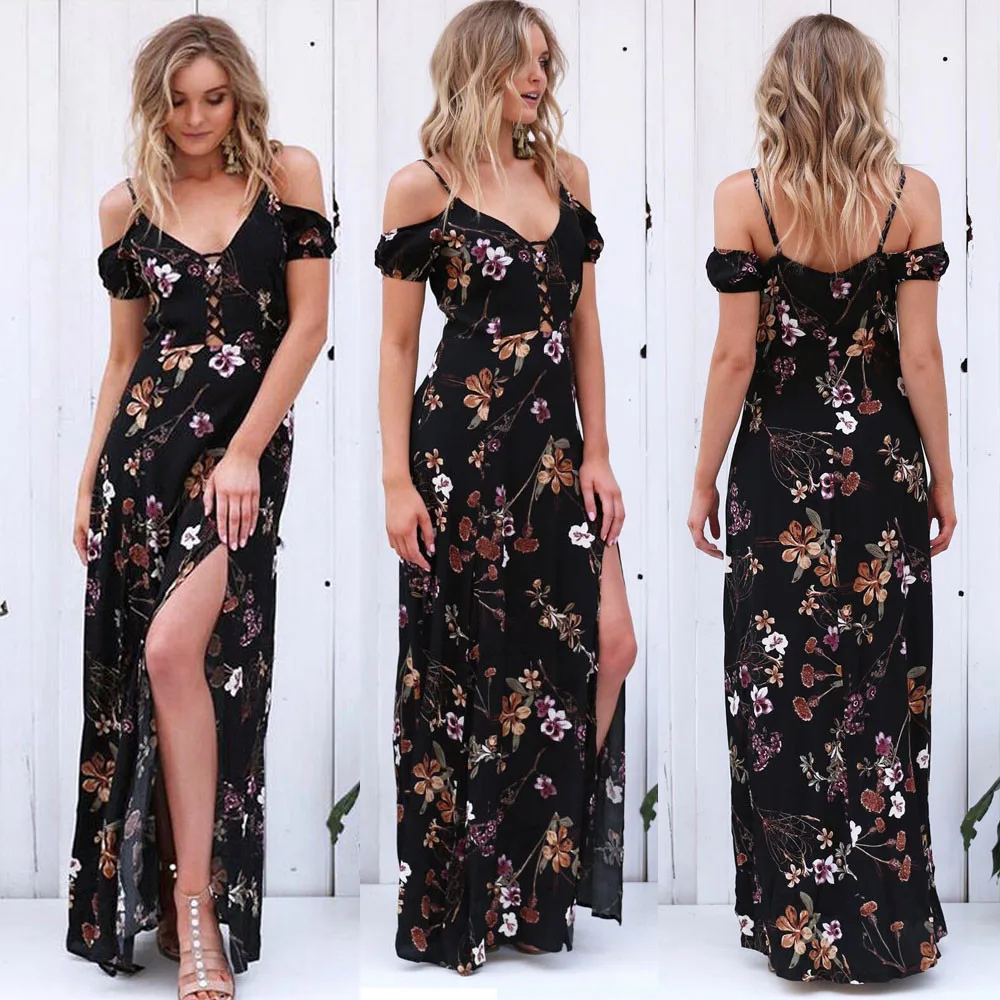 

Long Maxi Wrap Slip Dress Women Floral Black V neck Spaghetti Strap Women Dress 2018 Summer Elegant Femme vestidos#25