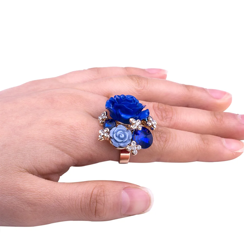New Arrival 7 colors Resin Crystal Rose Flower Gold-Color Adjustable Women Wedding Fashion Statement Finger Rings