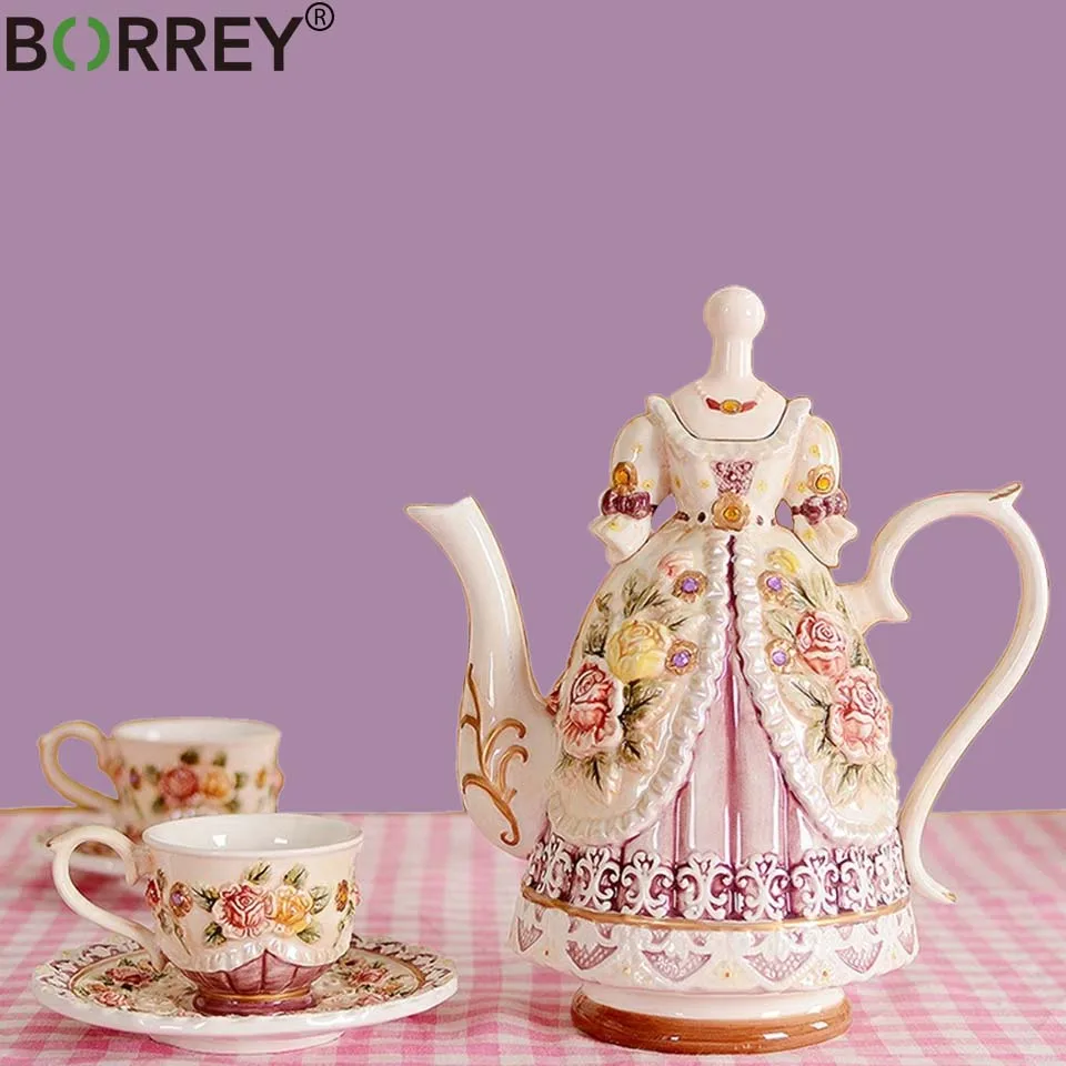 BORREY керамический кофейник, красивый чайный горшок, набор, европейская рельефная кофейная чашка с тарелкой, фигурки, кофейник, фарфоровый, свадебные подарки