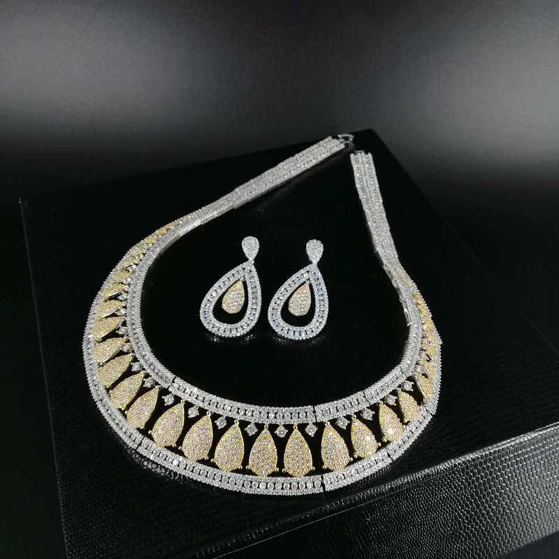 Новая мода Роскошный винтажный с фианитом золотое ожерелье браслет из серьги свадебный Банкетный комплект ювелирных изделий