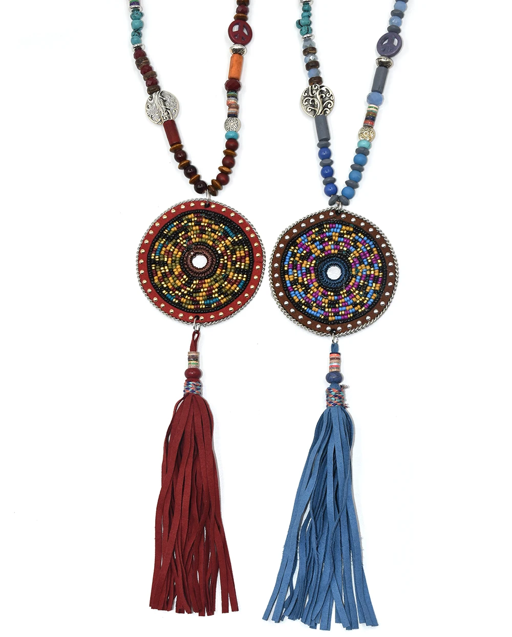 2017 New handmade Boho Bohemia beads chain leather tassel pendents necklce unique long fringe tassel pendants Necklaces