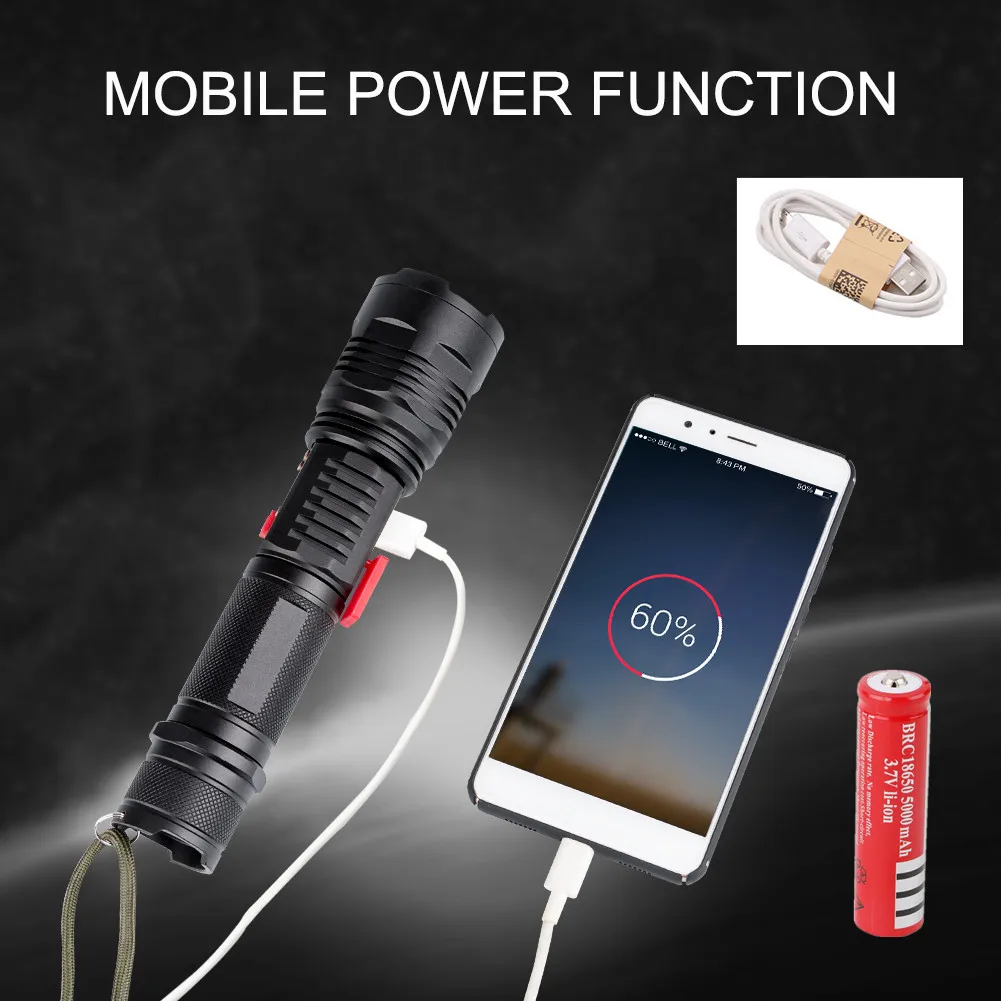 USB Перезаряжаемый фонарик для мобильных устройств XML T6 LED 3800LM водонепроницаемый