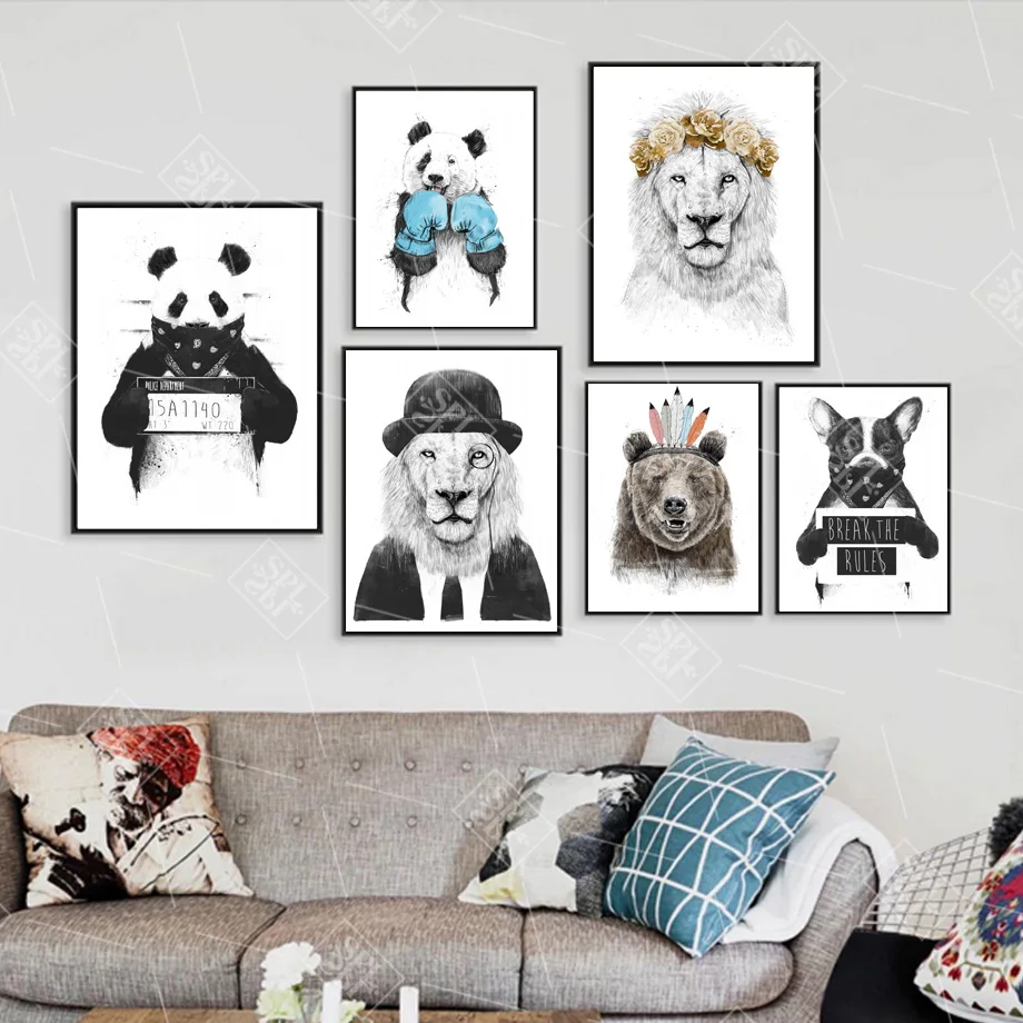 Французский бульдог, Лев, медведь, панда, Страус, настенная живопись на холсте, скандинавские плакаты и принты, животные, картины для декора гостиной