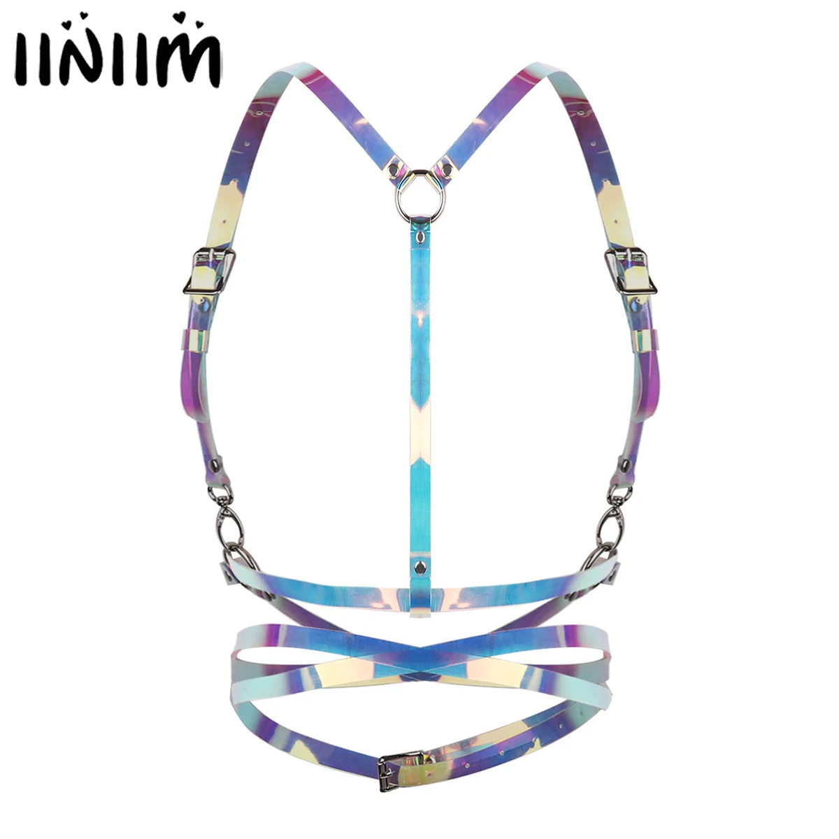 

Unisex Men Women Vinyl PVC Punk Style Hologram Rainbow Body Chest Harness Top Cage Waist Belt Straps for Night Clubwear Costumes