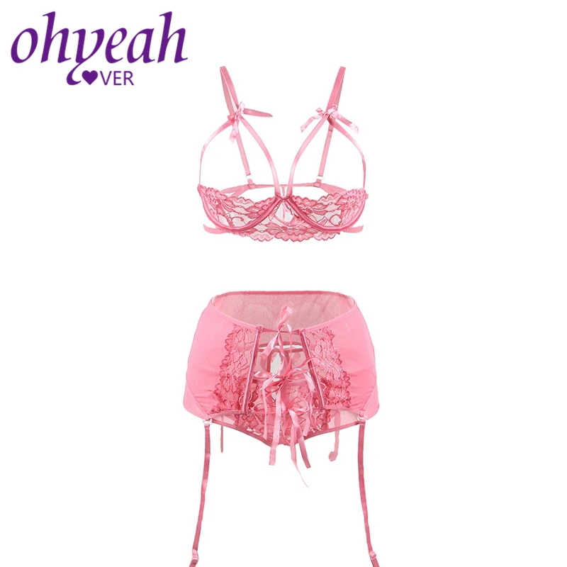

Ohyeahlover Underwear Women Bra Intimate Lingerie Set Bra Sexy RM80421 Dessous Open Crotch Black Lace 3 Piece Open Bust Bra Set