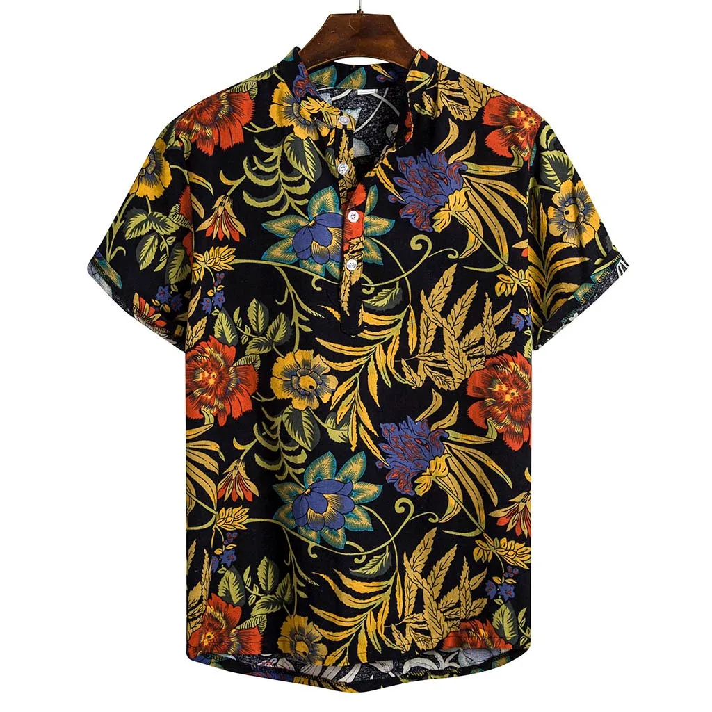 

Shirts Men Ethnic Short Sleeve Casual Tops Turn-down Collar Cotton Linen Printing Hawaiian Shirt Blouse Men Shirt chemise homme