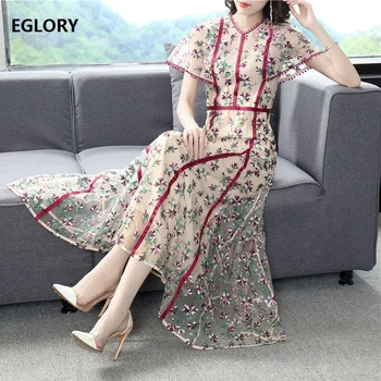 

Top Quality New 2019 Summer Fashion Wedding Parties Women Allover Exquisite Embroidery Flare Sleeve Ankle Long Dress Maxi Club