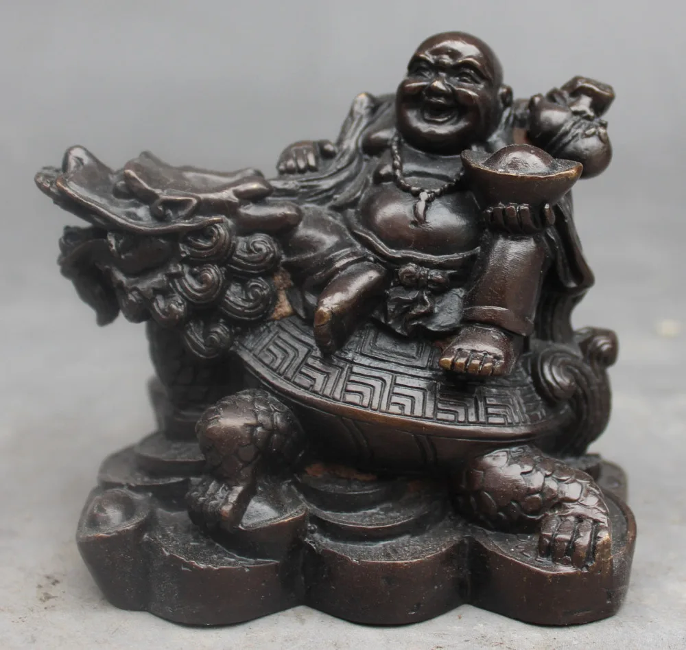 

S0760 9cm China Bronze Happy Laugh Maitreya Buddha Ride Dragon Tortoise Buddha Statue