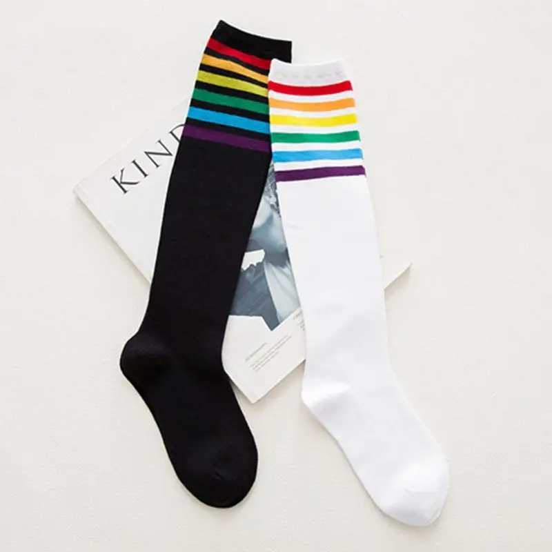 

Women Girl Korean Rainbow Horizontal Striped Knee Length Long Socks Preppy Style Harajuku Student Sports Jacquard Cotton Hosiery