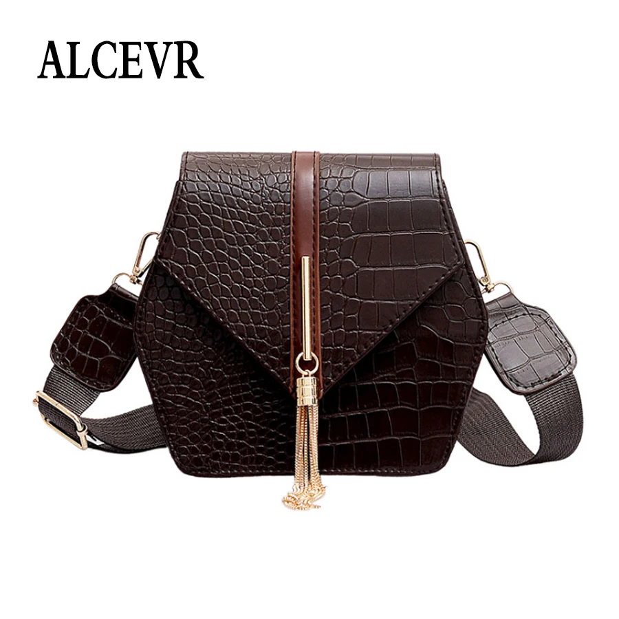 

ALCEVR Solid Color Alligator PU Leather Shoulder Bags For Women All-Match Flap Ladies Wide Strap Crossbody Bags All-Match