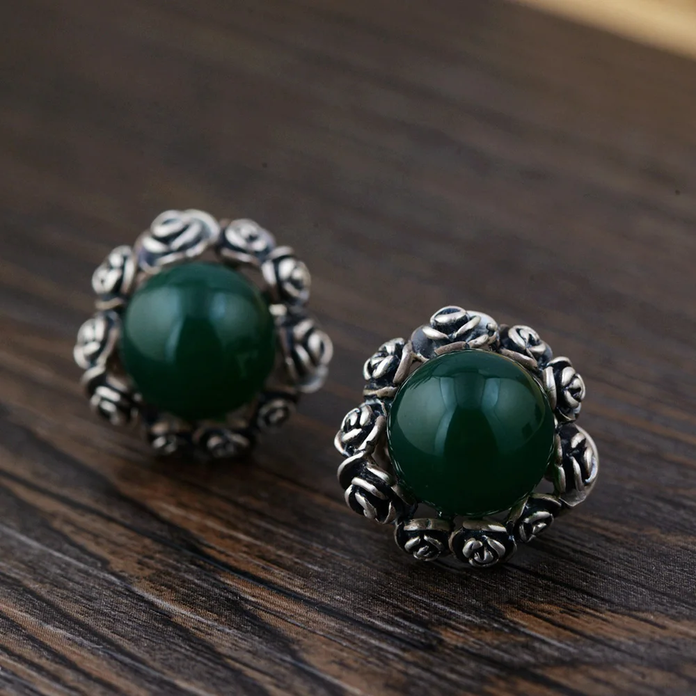 

FNJ 925 Silver Stud Earrings for Women Jewelry Fashion Green Stone boucle d'oreille S925 Sterling Silver Rose Flower Earring