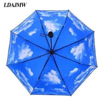 

LDAJMW Blue Sky White Clouds 8 Bone Black Glue Anti UV Aluminium Alloy Three Folding Compact Big Sunny Rain Umbrella For Girl