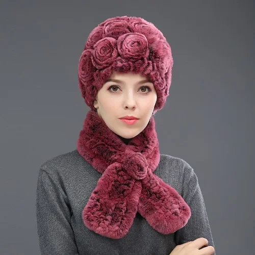 purple red Женский Настоящий мех кролика Зимний шапочки шапка женский ручной теплый шарф Пушистые Мягкие Шапки для леди - Цвет: purple red