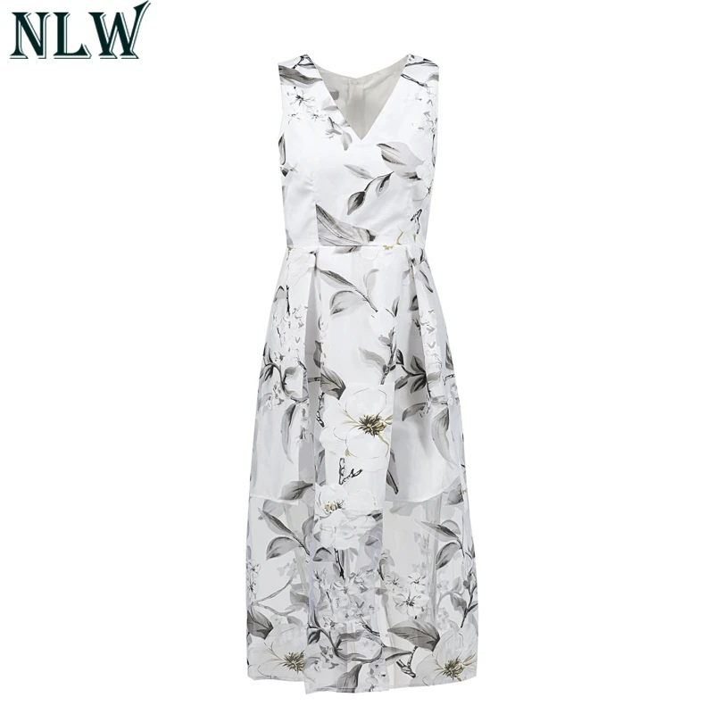 NLW/Сетчатое платье миди с цветочным принтом; летний сарафан для женщин; элегантная пляжная одежда для вечеринки; платье для девочек без рукавов с v-образным вырезом; Vestido - Цвет: Белый