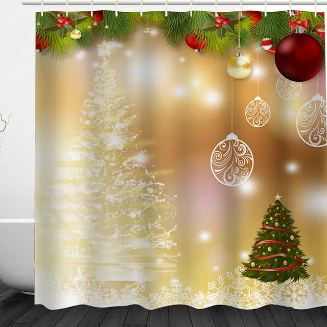 Christmas Tree Shower Curtain With 12 Plastic Hook Waterproof Bathroom