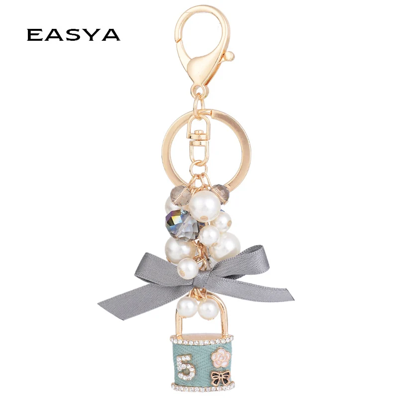 

EASYA Bowknot Ribbon Lock Keychain Flowers with Number 5 Car Keyring Women Bag Accessories Rhinestone Key Chain Metal Crafts