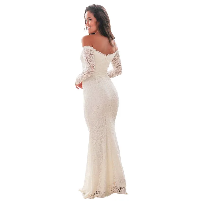 ADEWEL Sexy Off Shoulder Long Sleeve Floor-length Lace Dress Bodycon Women Mermaid Formal Party Dress Elegant Vintage Maxi Dress (8)