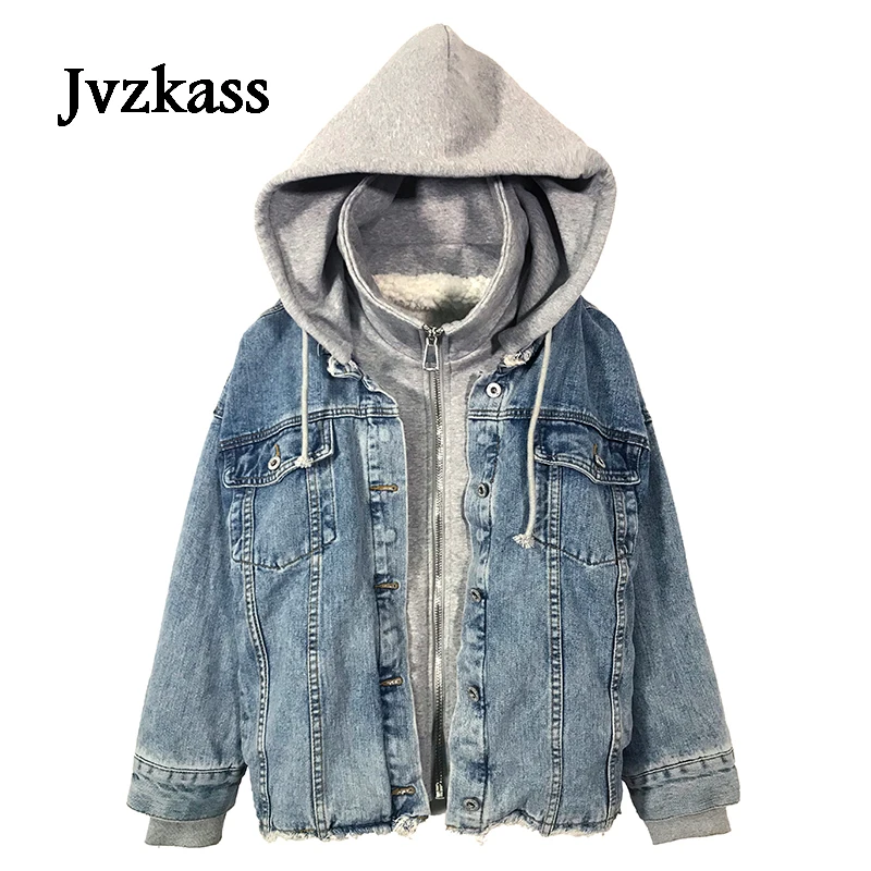 Jvzkass новая джинсовая куртка из овечьей шерсти, Женская свободная Осенняя сшитая Студенческая bf ветровка, имитация двух свитеров с капюшоном, Z220