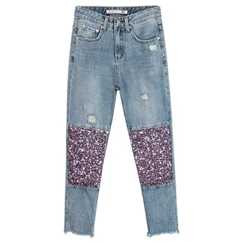

Summer Fall Casual Womens Sequins Patchwork Ripped Slim Ankle Length Denim Trousers , Female Women Glitter Cross Pants Jeans