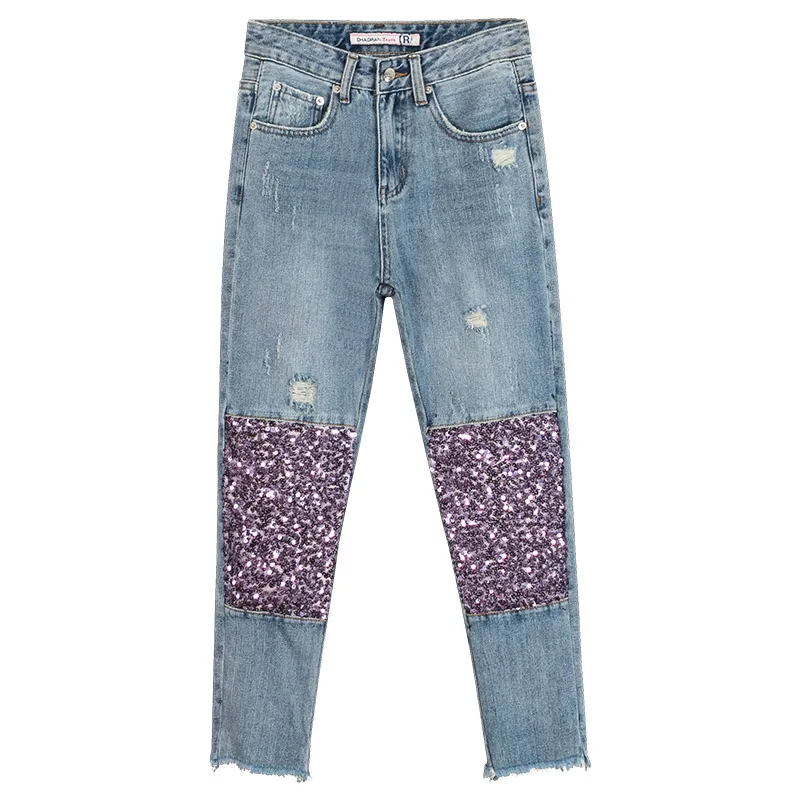Mezclilla Otoño Tobillo Vaqueros Verano Brillo De Arrancó Delgado Casual Pantalones Mujer Cruz Patchwork Lentejuelas Longitud 101dxwAPq