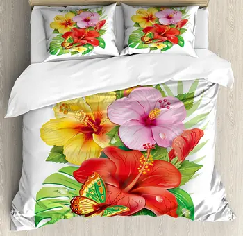 

Hawaiian Duvet Cover Set Bouquet of Colorful Hibiscus Flowers with a Butterfly Blooming Plumeria Petals Bedding Set Multicolor