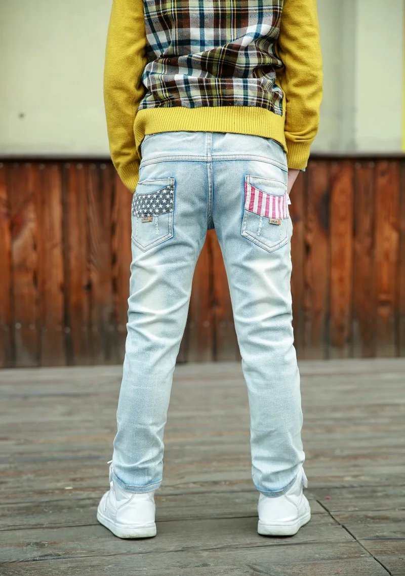 

DIIMUU Children Clothing Boys Jeans 5-13Yrs Kids Denim Pants Elastic Waist Pocket Patchwork Light Washed Casual Long Trousers Bo