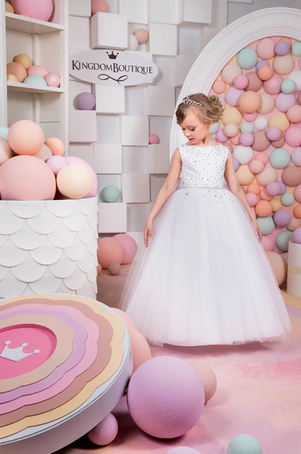 Best price at $104 Cheap Custom Make Little Girls Party Dresses Crew Neckline Satin Crystal Ball Gown Belt Tulle Ankle Length Little Flower Girls' Dress