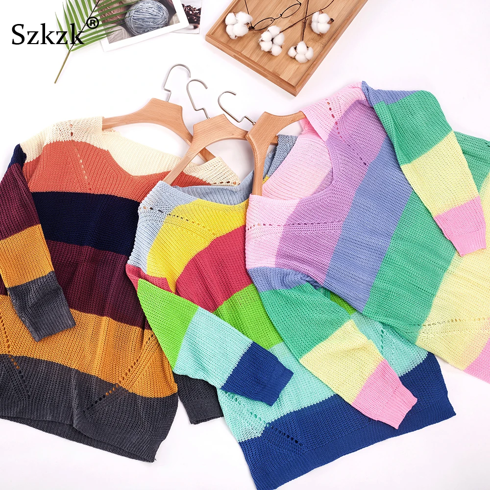 Liooil, свитер в радужную полоску, джемпер, трикотаж,, зима, осень, мода, цветной принт, свободный, вязанный, женские свитера и пуловеры