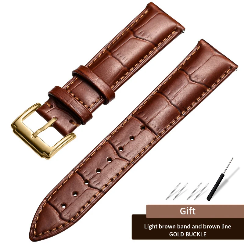 Carouse Watchband Black Real Leather Strap 14mm 16mm 18mm 19mm 20mm 21mm 22mm Watch Band Bracelet Metal Pin Buckle wristband - Цвет ремешка: Gold-Light Brown