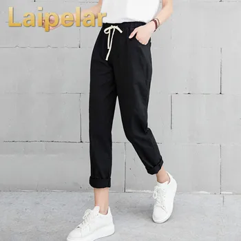

New Women Casual Harajuku Spring Autumn Big Size Long Trousers Solid Elastic Waist Cotton Linen Pants Ankle Length Haren Pants